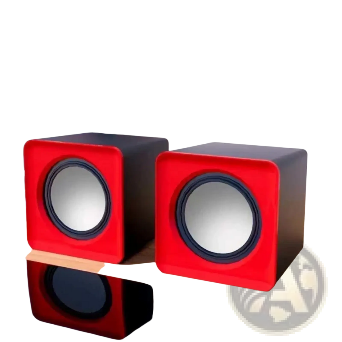 Red and black desktop mini speakers with a square design for usb mini computer stereo audio system use