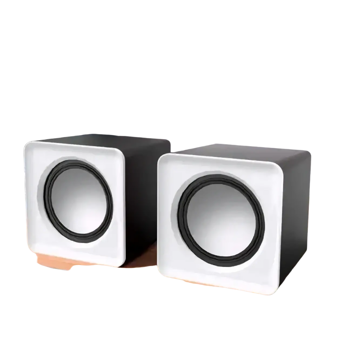 Usb mini computer speakers stereo desktop audio system with a sleek black and white square design and circular driver