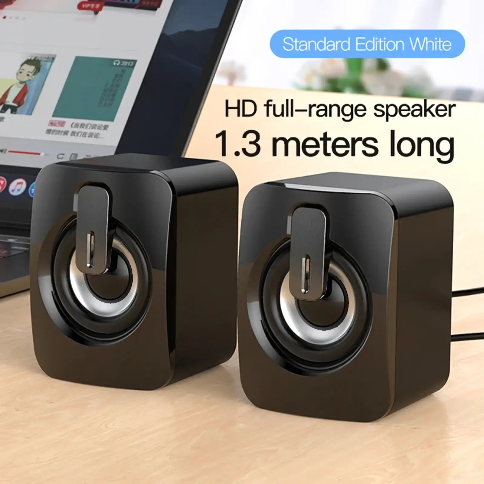 Usb mini computer speakers stereo desktop audio system black glossy cube design with silver circular drivers