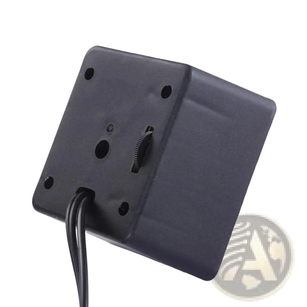 Black rectangular usb mini computer speaker with textured surface, four mounting holes, and a gear-like dial on back side