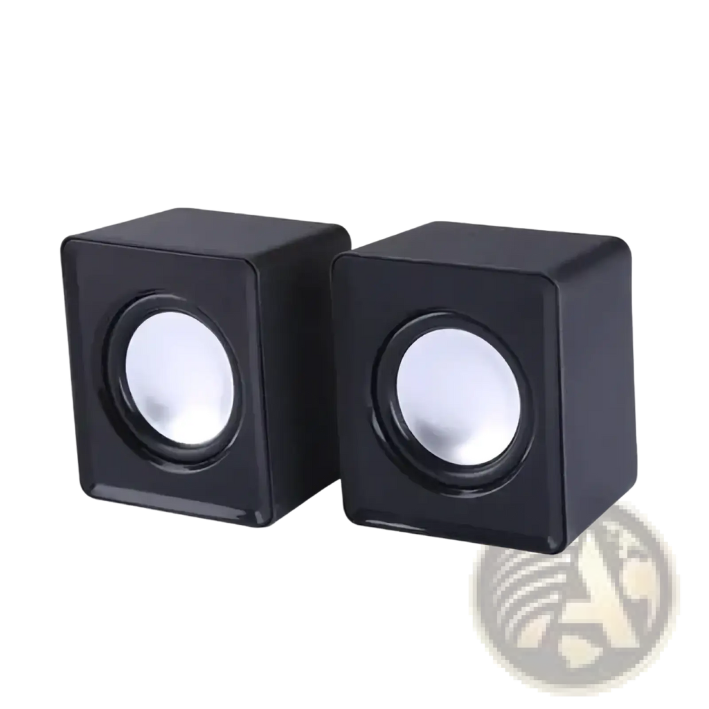 Black cube-shaped USB mini computer speakers with white circular drivers for stereo desktop sound system use