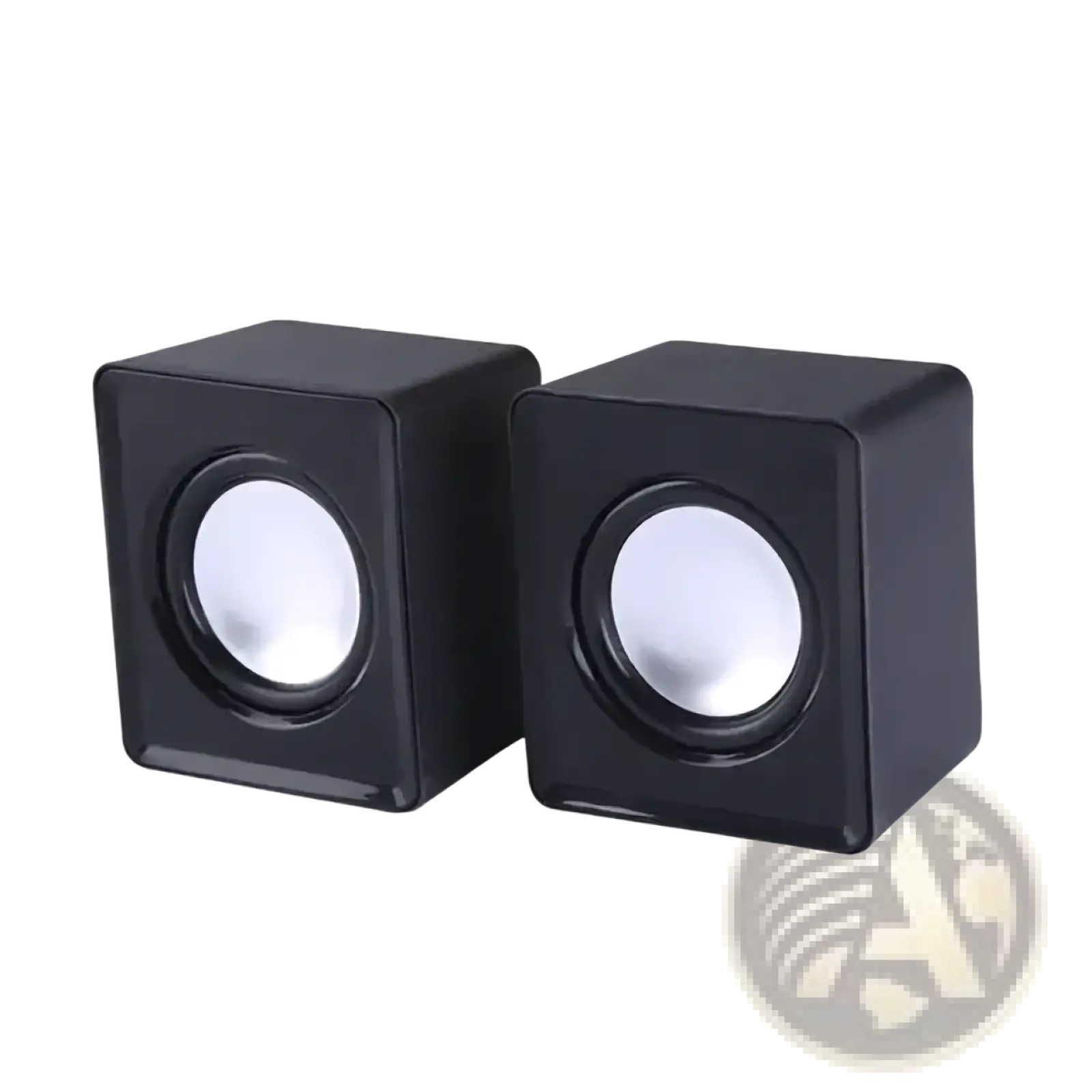 Black cube-shaped USB mini computer speakers with white circular drivers for stereo desktop sound system use