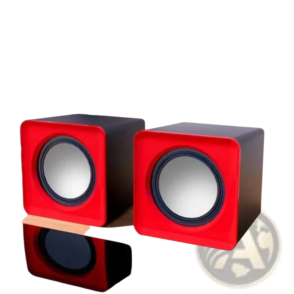 Usb mini computer speakers stereo desktop sound system in red and black with a square design for enhanced audio