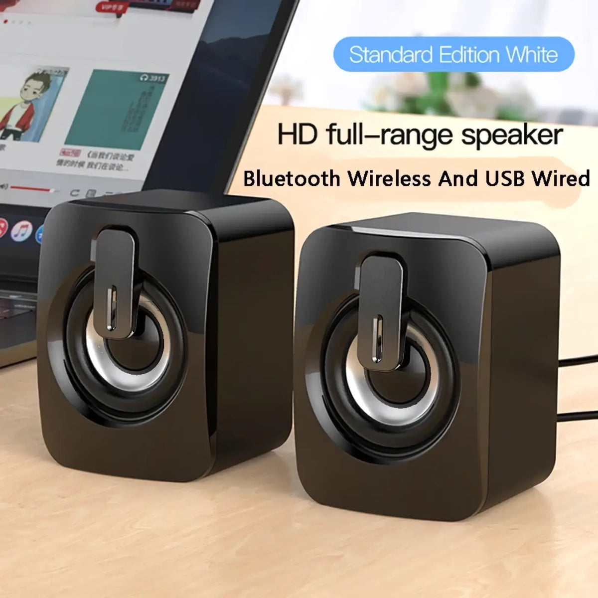 Usb mini computer speakers stereo desktop sound system with black glossy cube design silver accents and central control panel