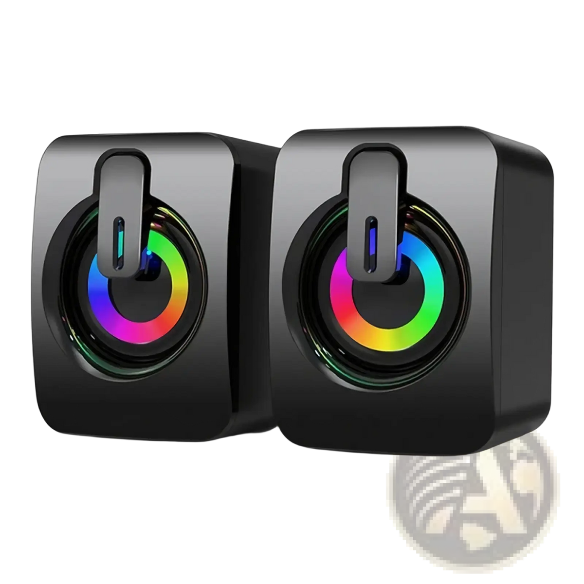Black cube-shaped usb mini computer speakers with colorful rgb lighting around circular drivers for desktop sound system