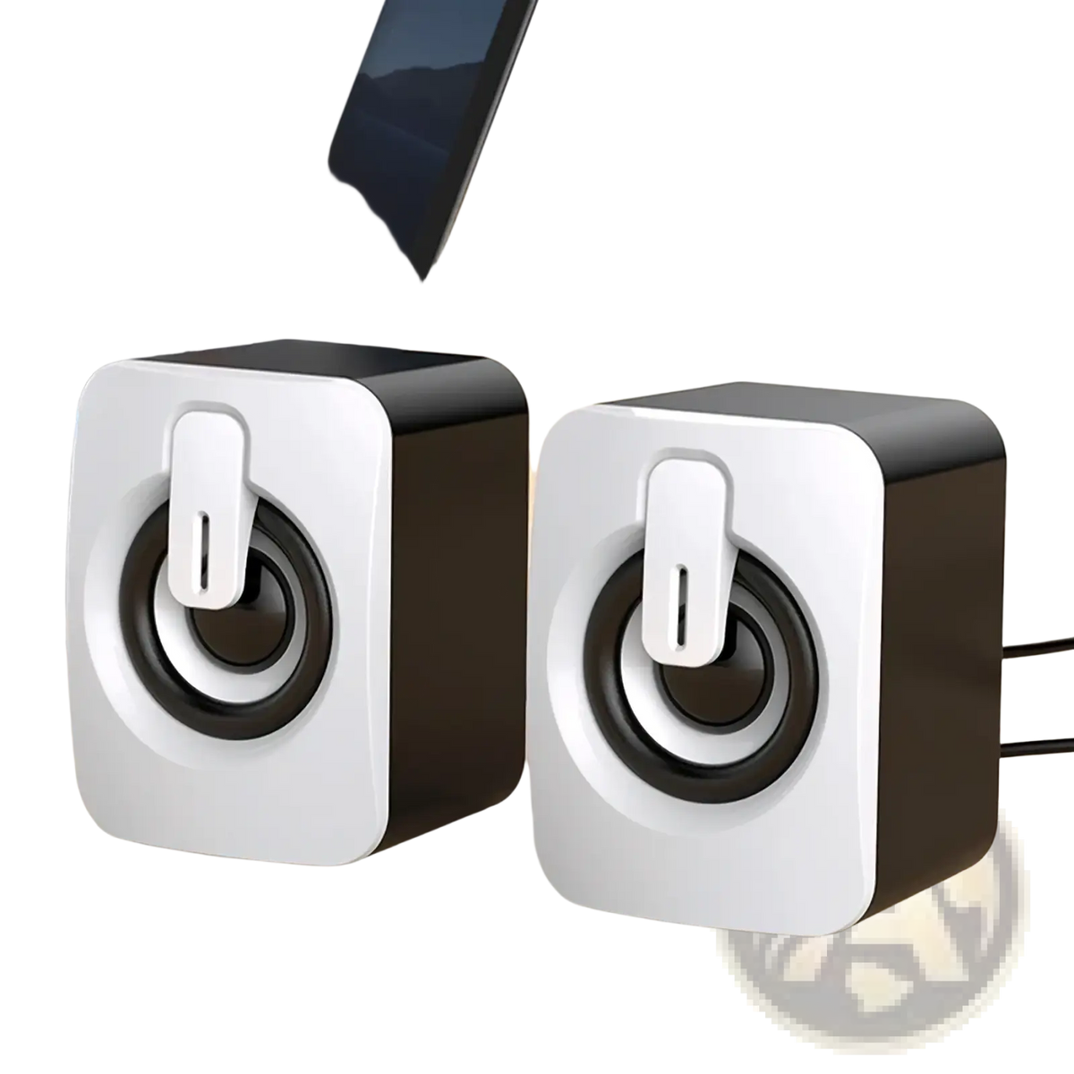 A pair of sleek cube-shaped white and black usb mini computer speakers for stereo desktop sound system use