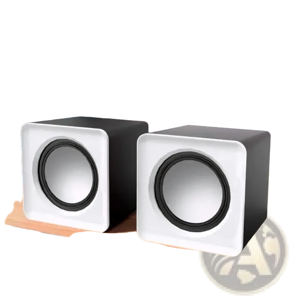 Pair of sleek black and white usb mini computer speakers with circular drivers for desktop stereo sound system use