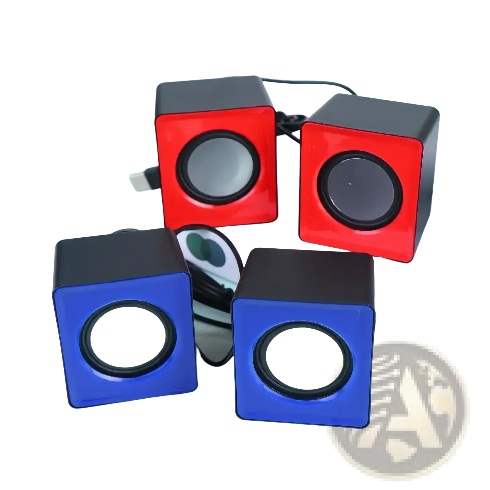 Set of four red and blue usb mini desktop speakers with black accents and circular drivers for rich bass audio