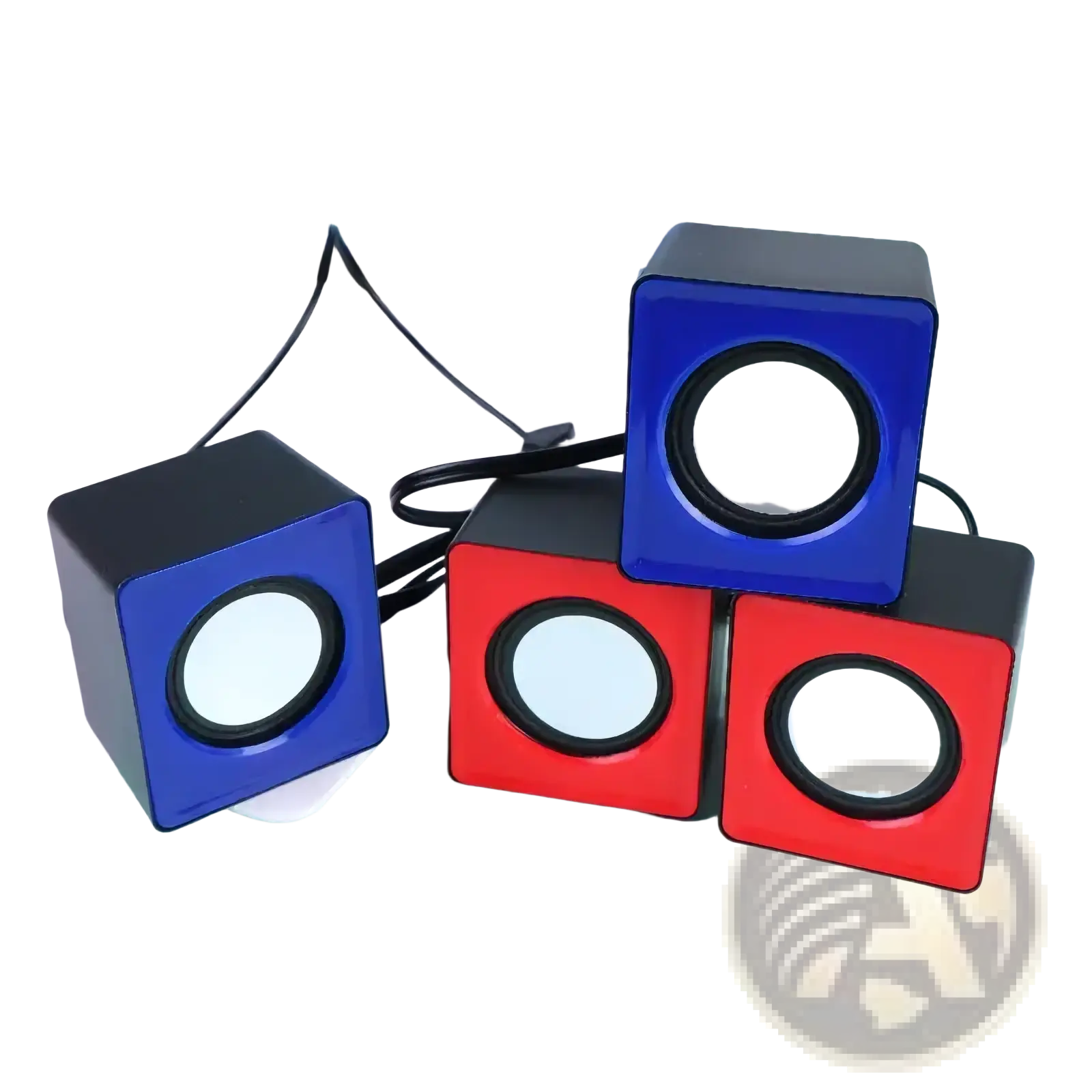 Three cube-shaped usb mini desktop speakers in blue and red with black accents featuring rich bass audio
