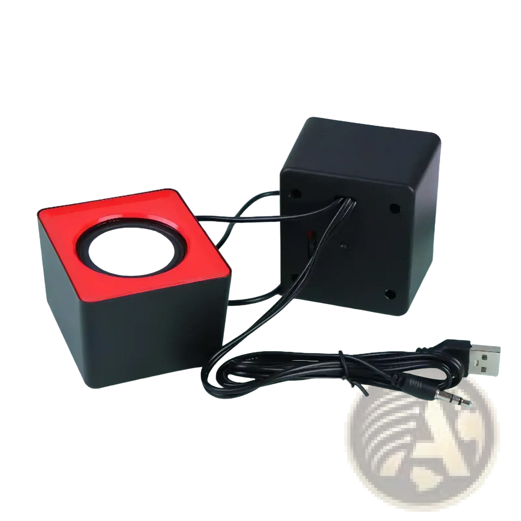 Black and red cube-shaped usb mini desktop speaker with circular driver face for stereo computer audio
