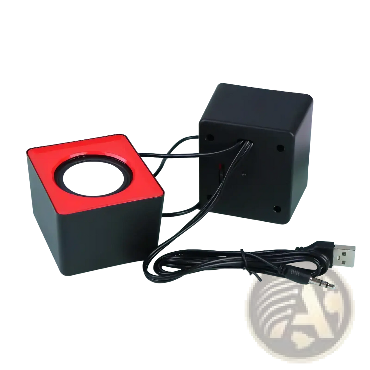 Black and red cube-shaped usb mini desktop speaker with circular driver face for stereo computer audio