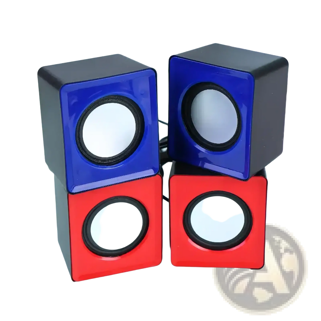 Usb mini desktop speakers with compact cube shape, glossy blue and red plastic casing, and black circular grilles