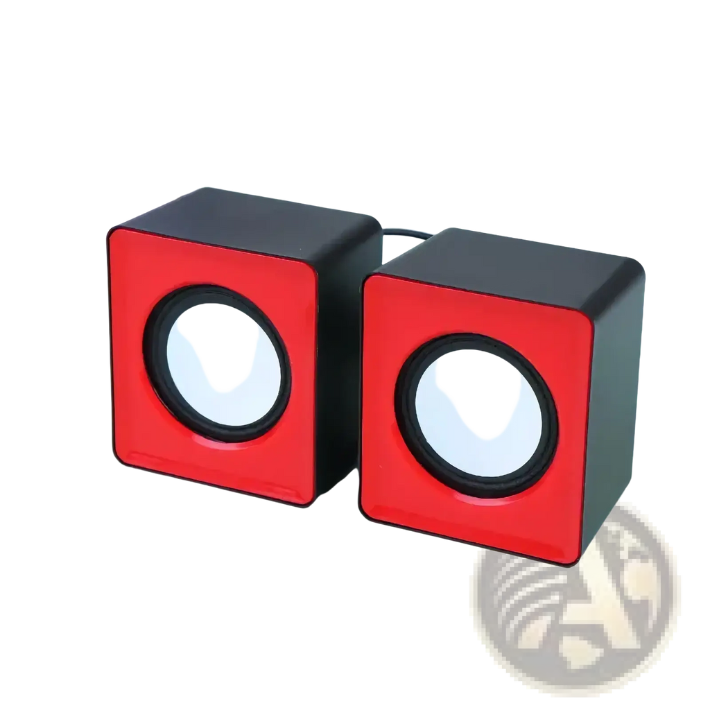 Usb mini desktop speakers in red and black with white circular drivers for stereo computer audio use