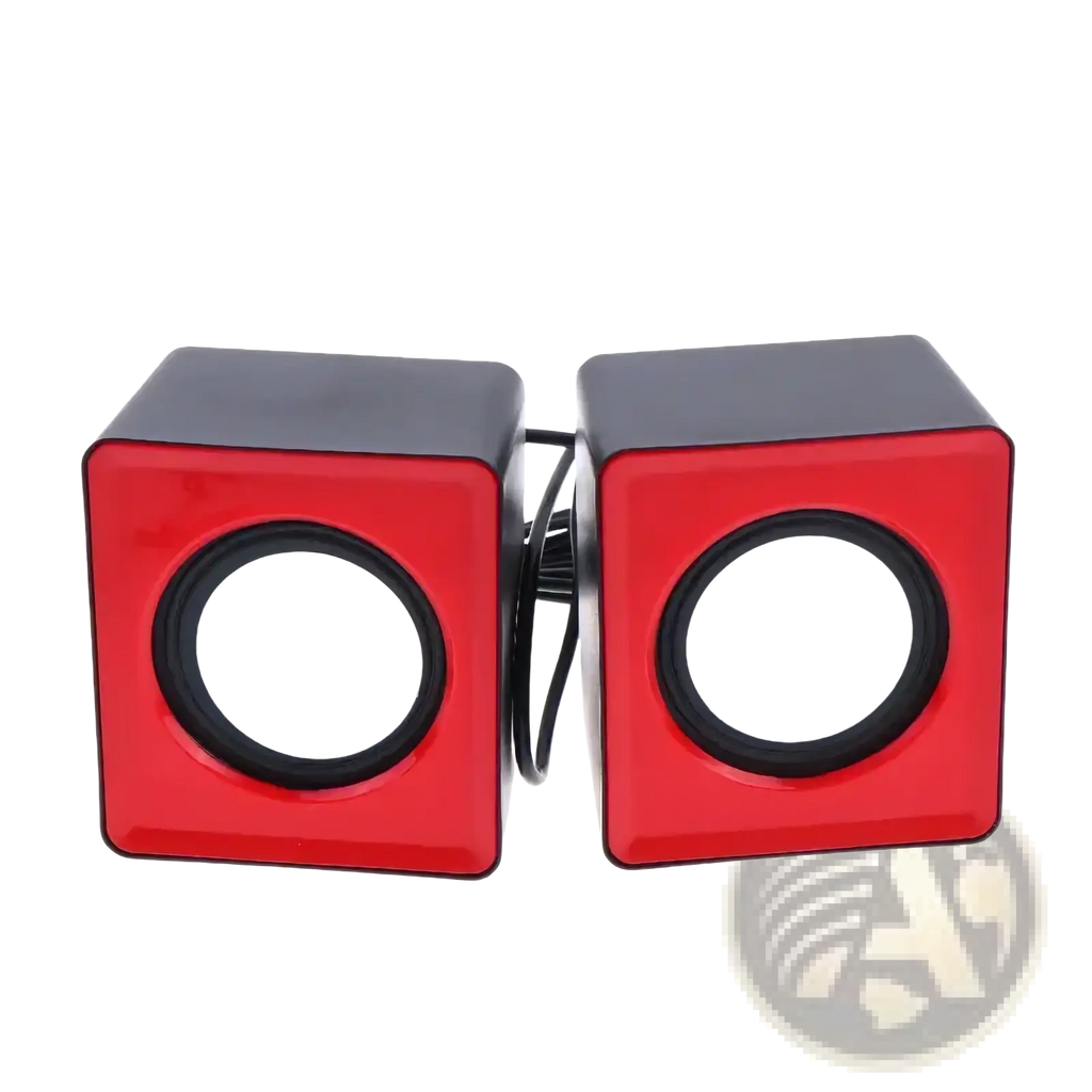 Red and black usb mini desktop stereo computer speakers with circular white drivers for audio playback