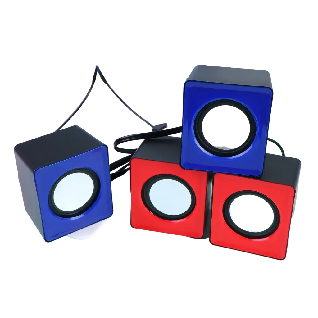 Usb mini desktop speakers stereo computer audio featuring three cube-shaped blue and red speakers with black accents and circular grilles