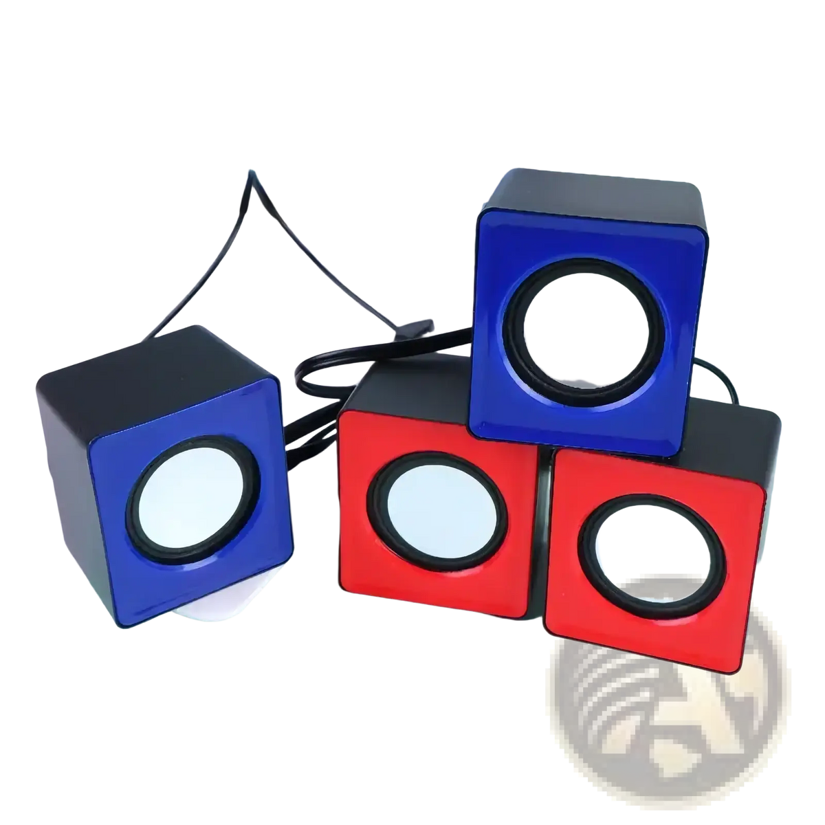 Usb mini desktop speakers stereo computer audio featuring three cube-shaped blue and red speakers with black accents and circular grilles