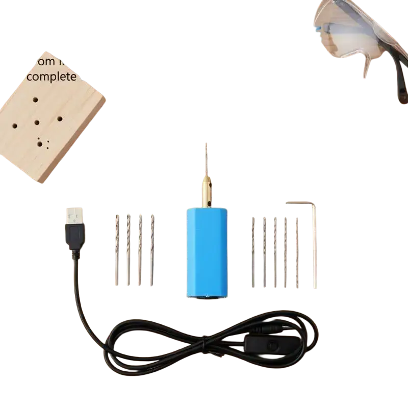 Blue cylindrical usb mini electric drill with interchangeable metal bits and gold tip for resin jewelry main unit 1 usb cable 1