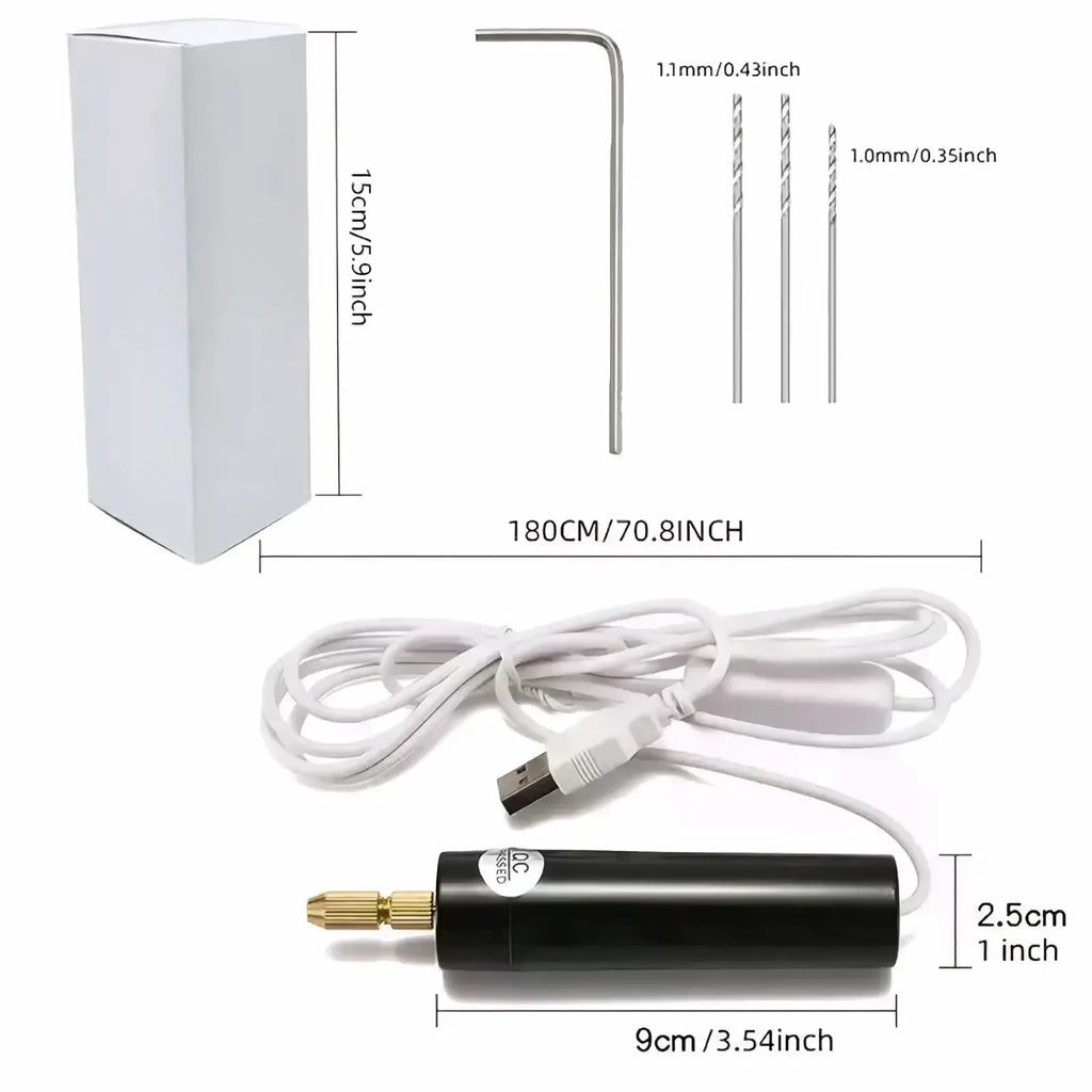 Black cylindrical usb mini electric drill with gold chuck and charging cable for resin jewelry crafting