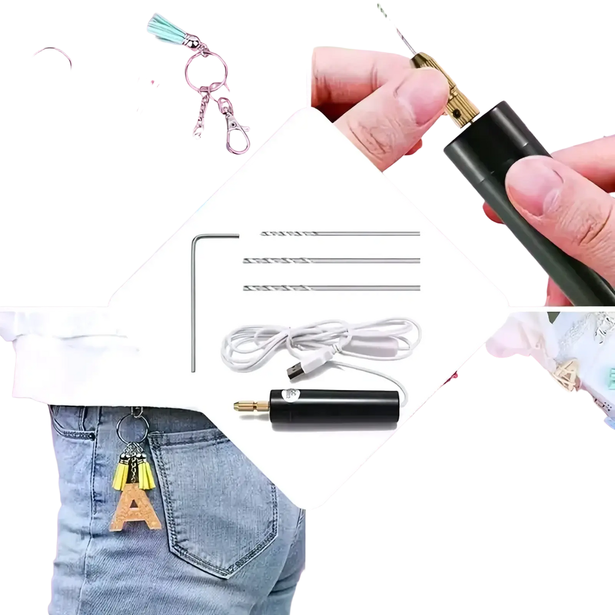 Black handheld usb mini electric drill with gold-colored tip and metal bits for resin jewelry crafting use