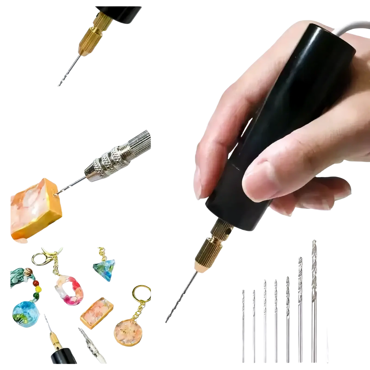 Usb mini electric drill handheld black with gold chuck and interchangeable metal bits for resin jewelry crafting