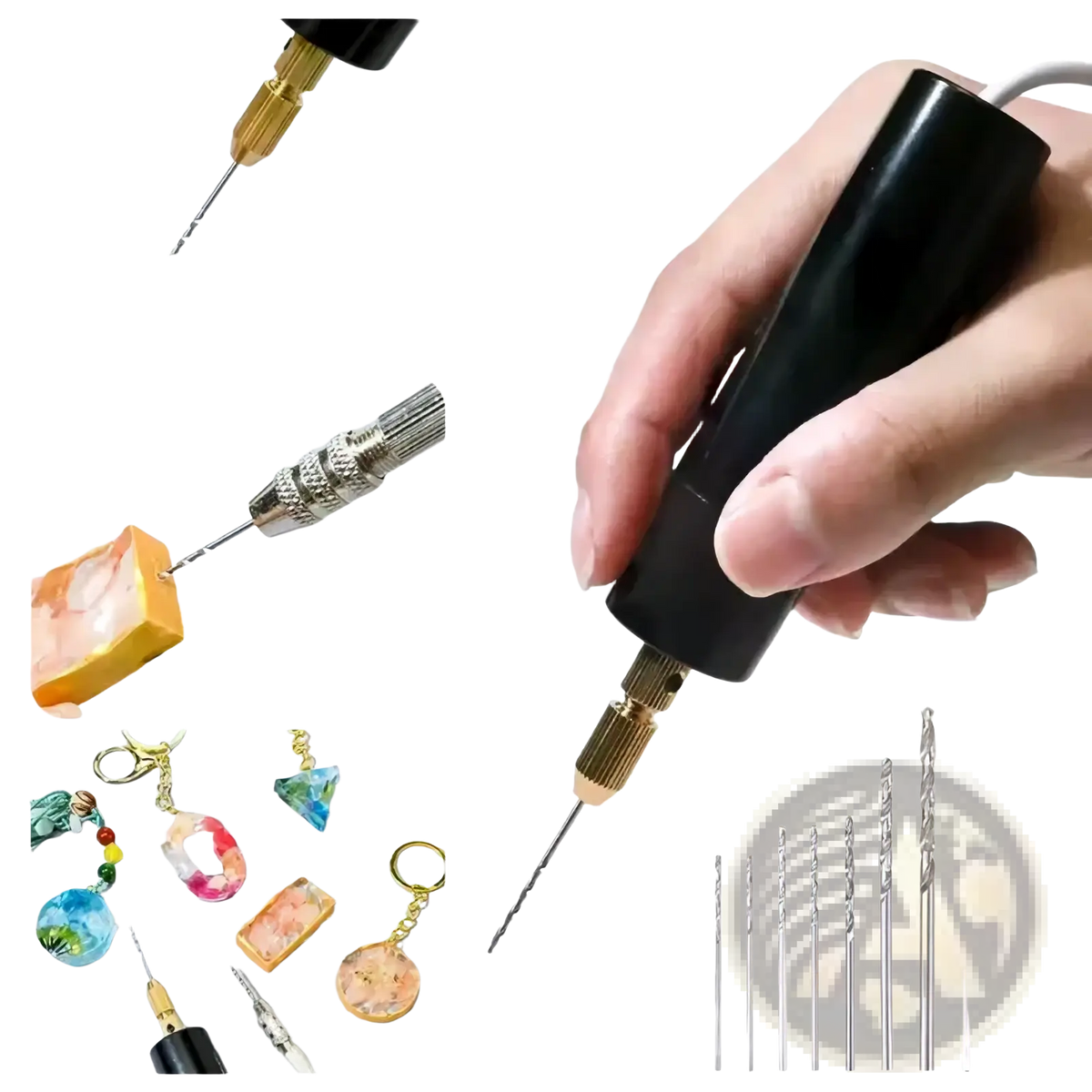 Usb mini electric drill handheld black with gold chuck and interchangeable metal bits for resin jewelry crafting