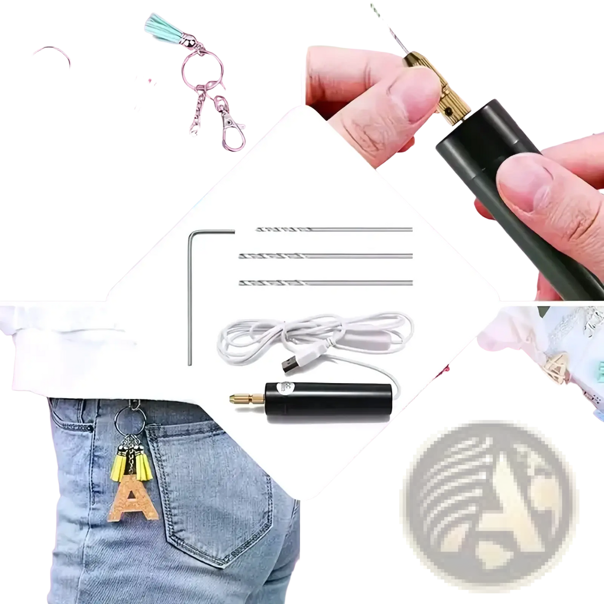 Black handheld usb mini electric drill with gold-colored tip and metal bits for resin jewelry crafting use