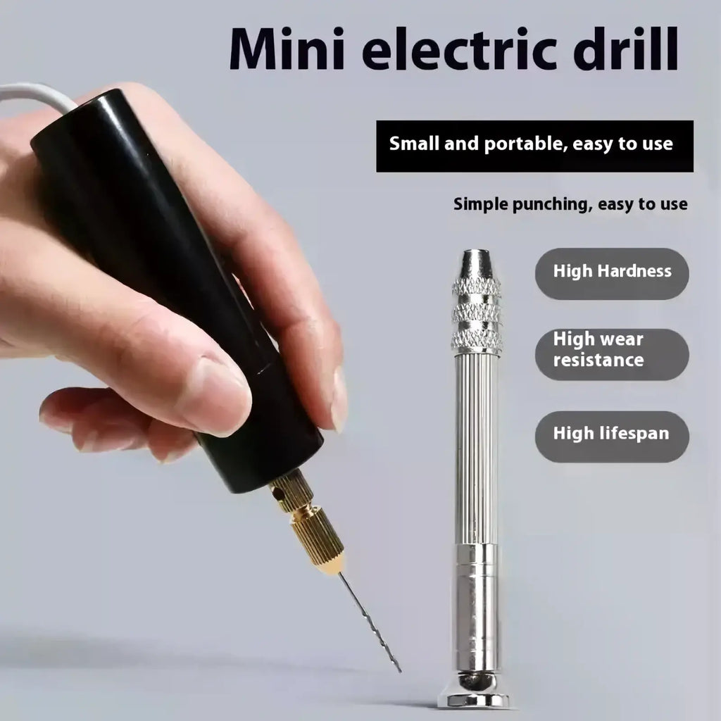 Usb mini electric drill in black and silver with a gold chuck designed for precise resin jewelry crafting tasks