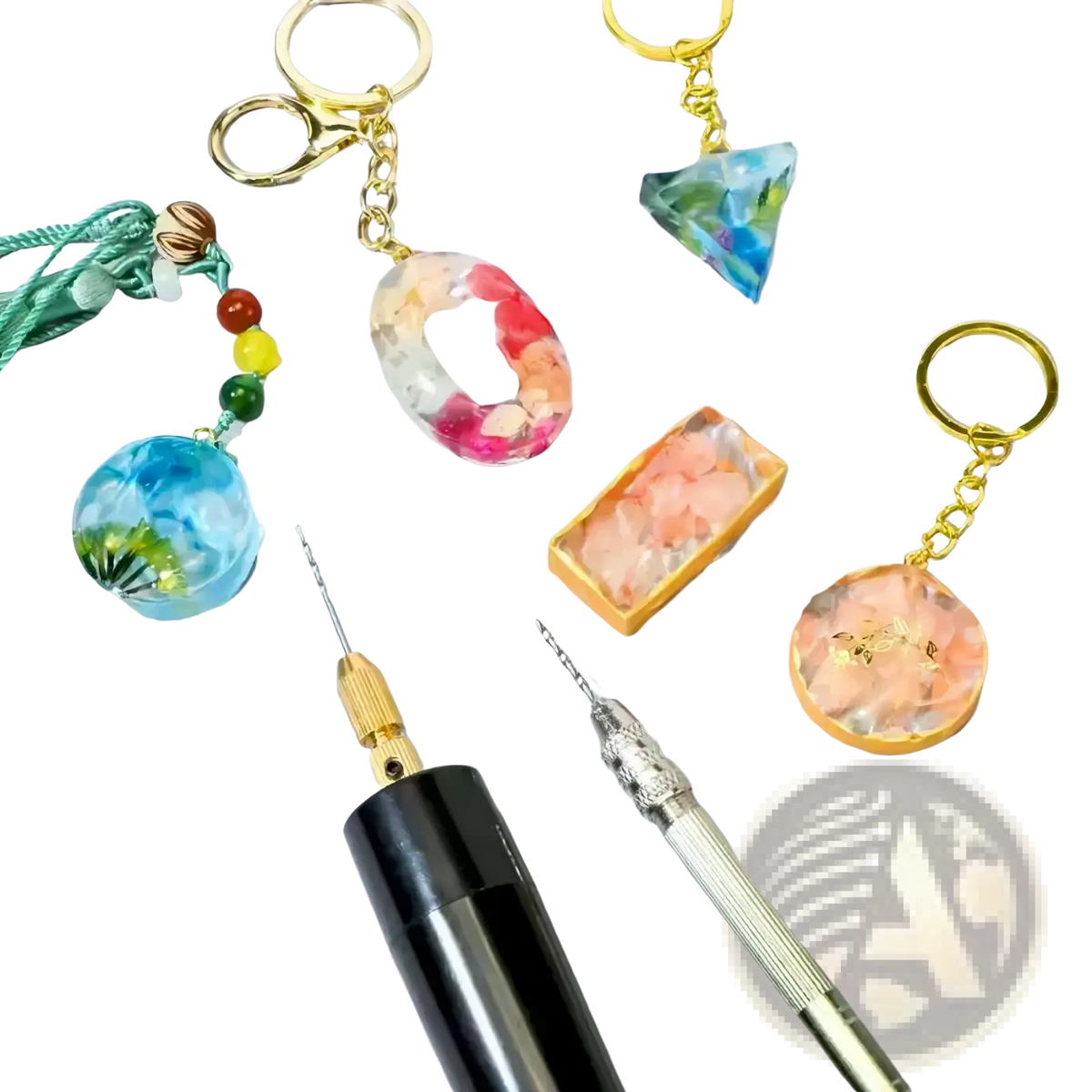 Colorful resin keychains with gold-toned metal rings and detailed floral designs for resin jewelry crafting
