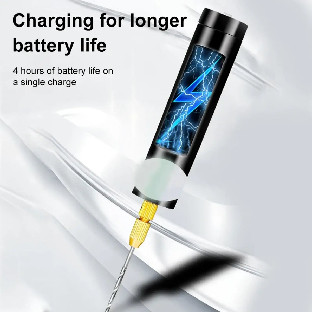 Black cylindrical usb mini electric drill battery charger with gold threaded tip and blue lightning graphics for crafts