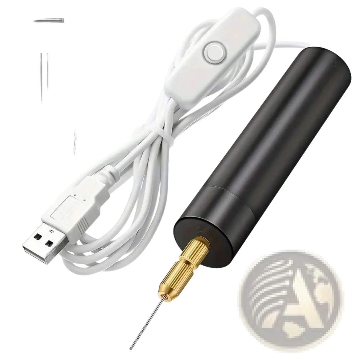 Black usb-powered mini electric drill with gold chuck and metal bits for resin and wood crafts