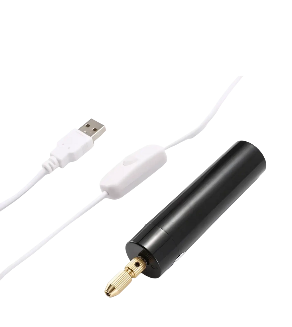 Usb mini electric drill for resin and wood crafts with black cylindrical body gold threaded tip and white usb charging cable