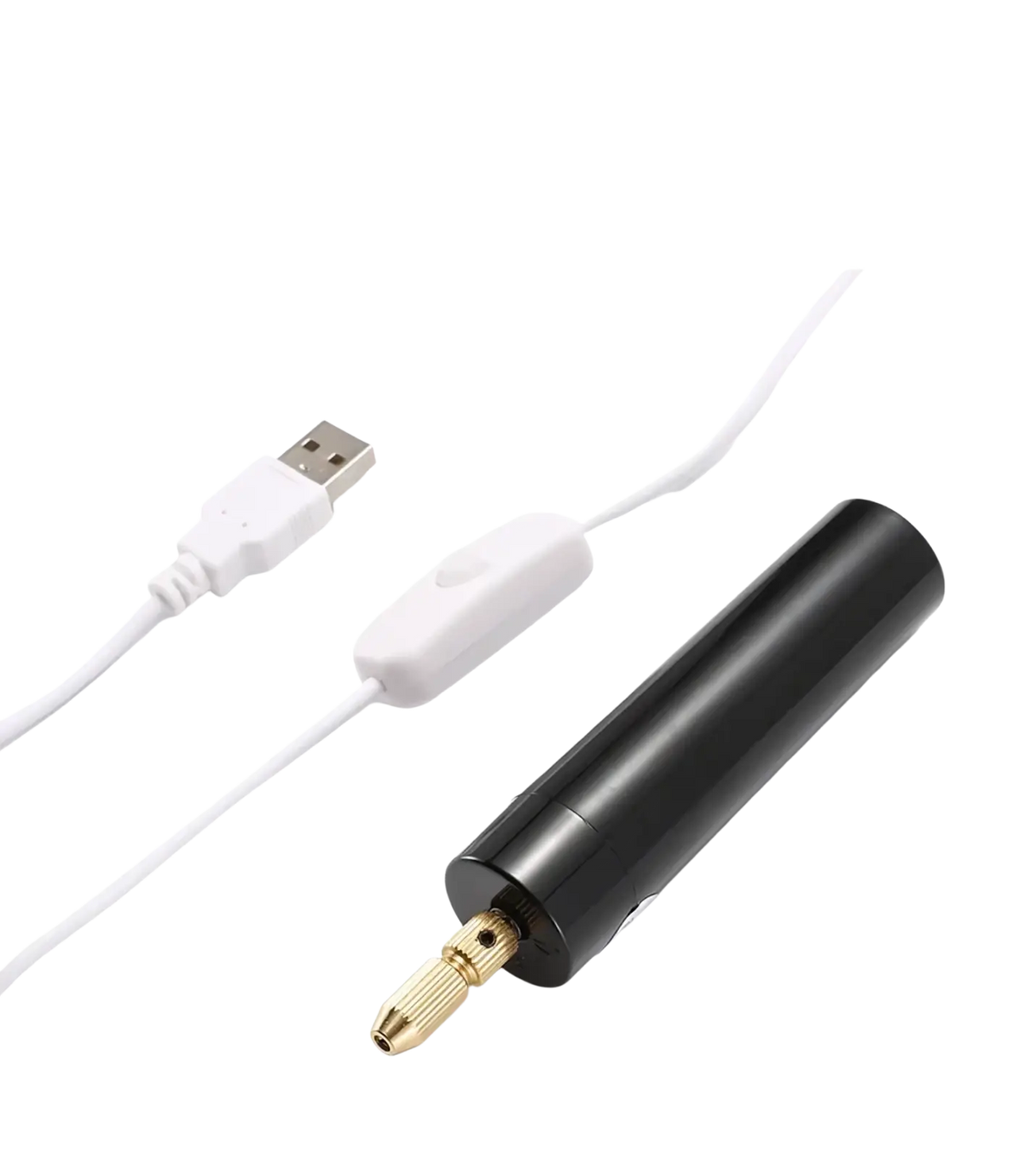 Usb mini electric drill for resin and wood crafts with black cylindrical body gold threaded tip and white usb charging cable