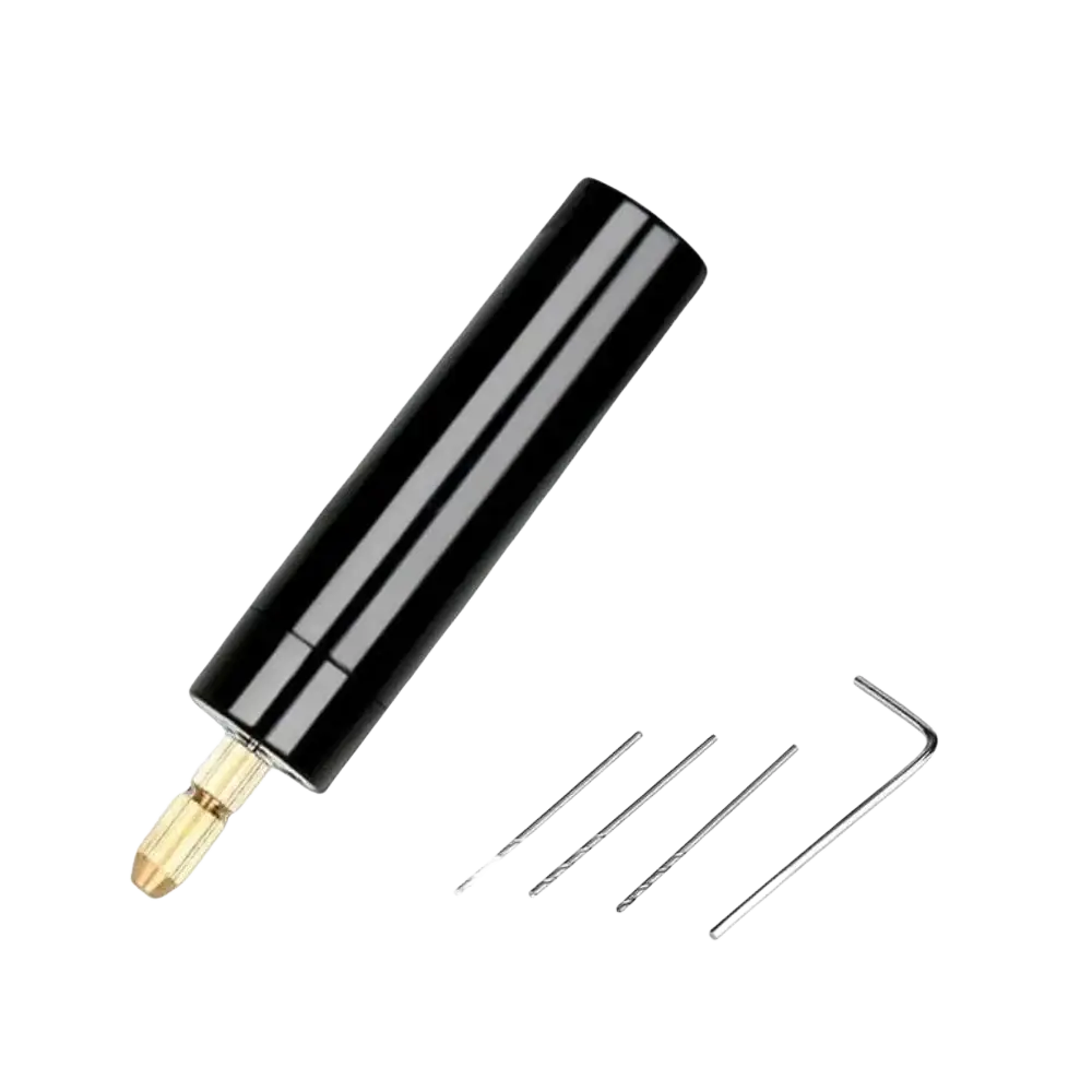 Black cylindrical usb mini electric drill bit holder with gold metal tip and matching accessories for resin and wood crafts