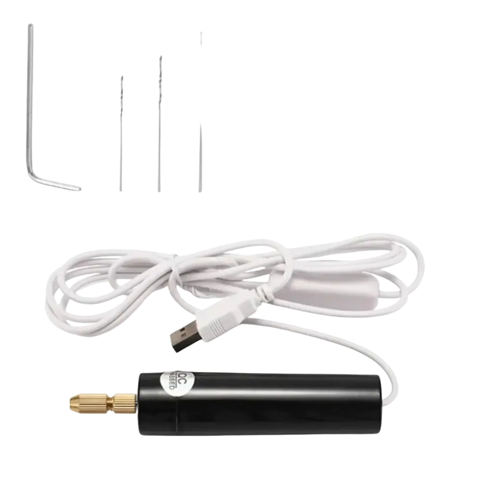 Black cylindrical usb mini electric drill with gold chuck and 160cm white usb cable for resin and wood crafts