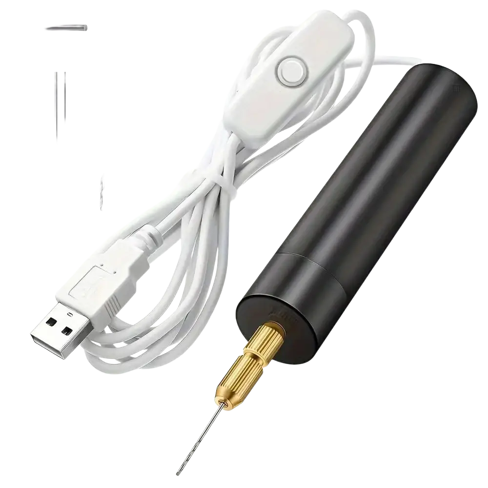Black usb-powered mini electric drill with gold chuck and metal bits for resin and wood crafts
