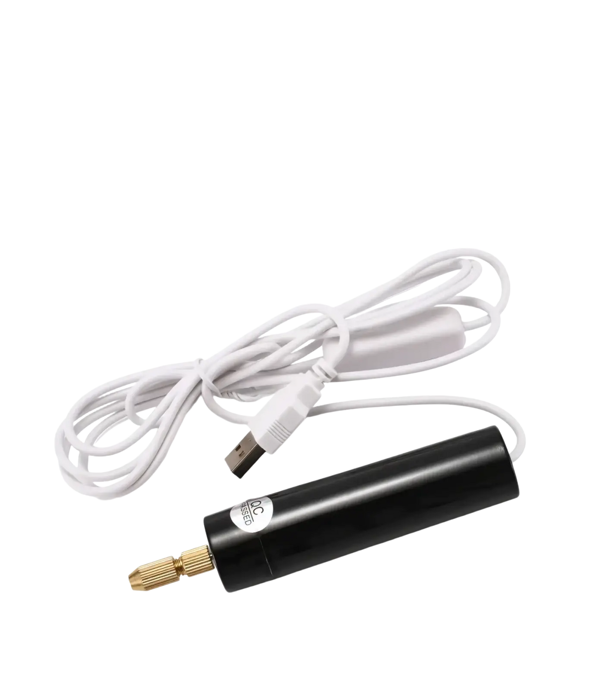Black cylindrical usb mini electric drill with gold precision bit and white charging cable for resin and wood crafts