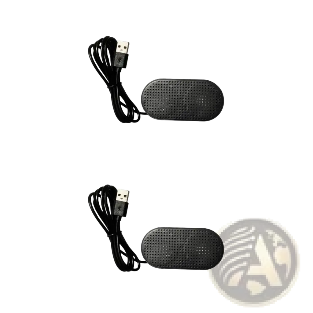 Black usb-powered shoe dryer with perforated oval base and coiled cable shown with usb mini laptop speaker soundbar