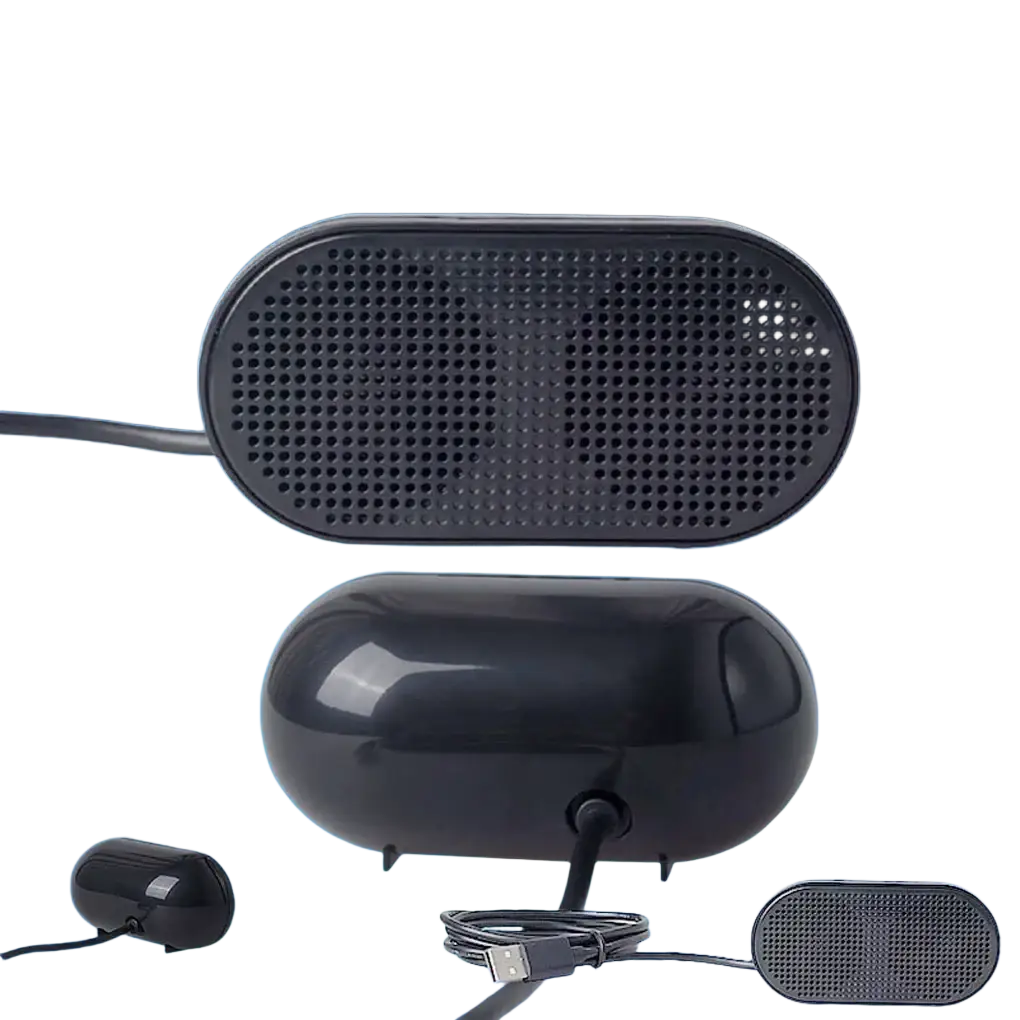 Black mini usb laptop speaker with sleek oval design and perforated grille for portable computer soundbar use