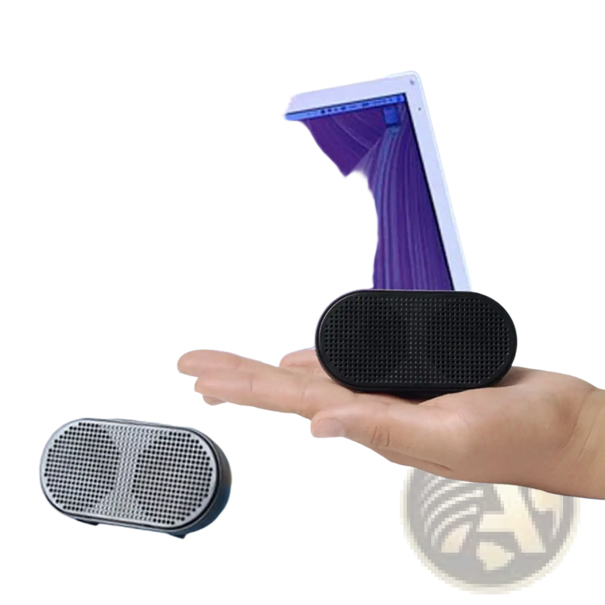 Black oval-shaped portable usb mini laptop speaker with perforated grille and rounded edges for computer use