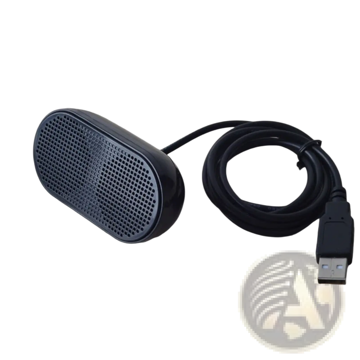 Black oval-shaped usb-powered desktop speaker with perforated grille and matte finish for portable laptop use
