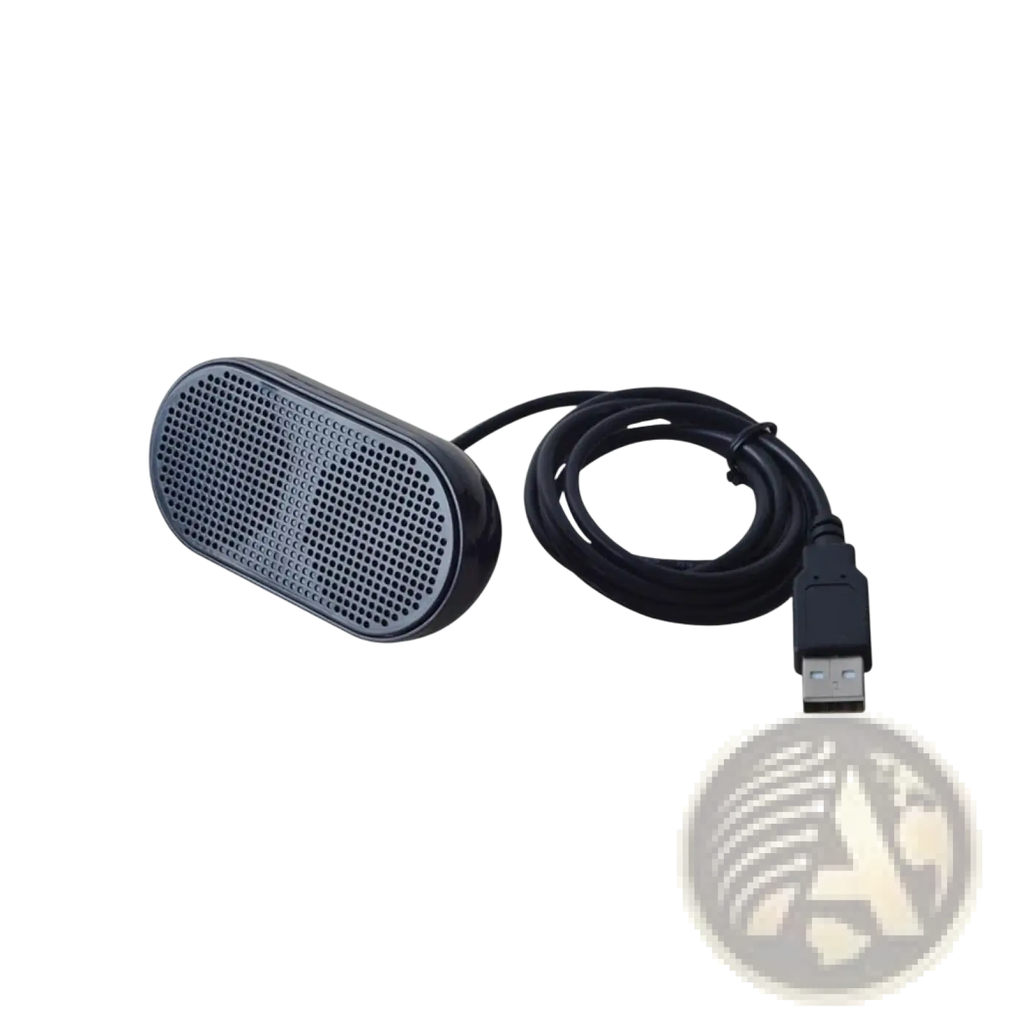 Black usb-powered portable mini laptop speaker with perforated grille and coiled cable for computer use
