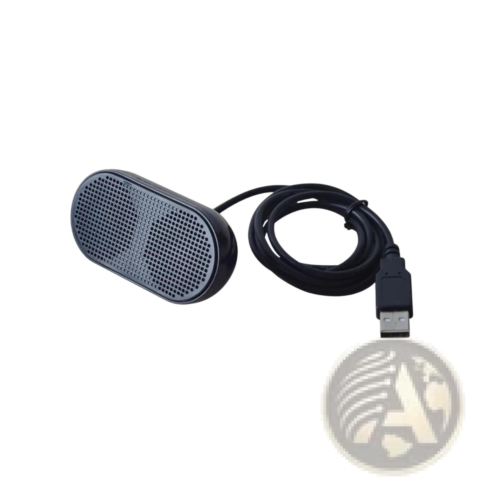 Black usb-powered portable mini laptop speaker with perforated grille and coiled cable for computer use