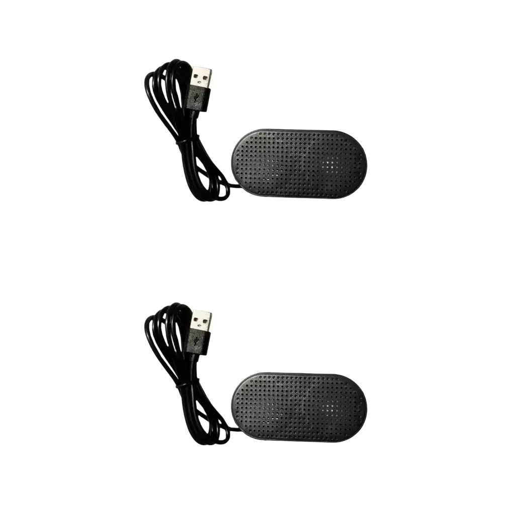Black usb-powered shoe dryer with perforated oval base and coiled cable shown with usb mini laptop speaker soundbar
