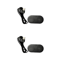 Black usb-powered shoe dryer with perforated oval base and coiled cable shown with usb mini laptop speaker soundbar