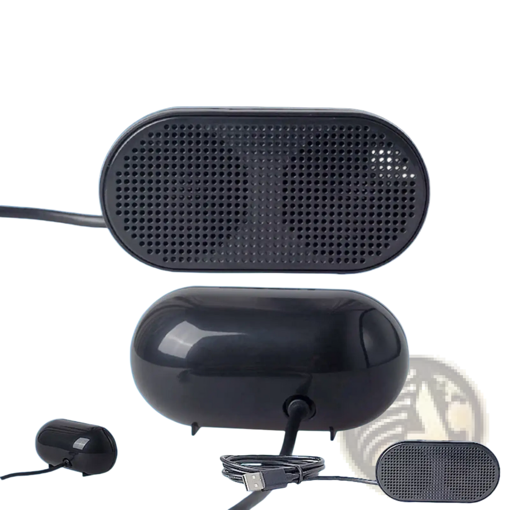 Black mini usb laptop speaker with sleek oval design and perforated grille for portable computer soundbar use