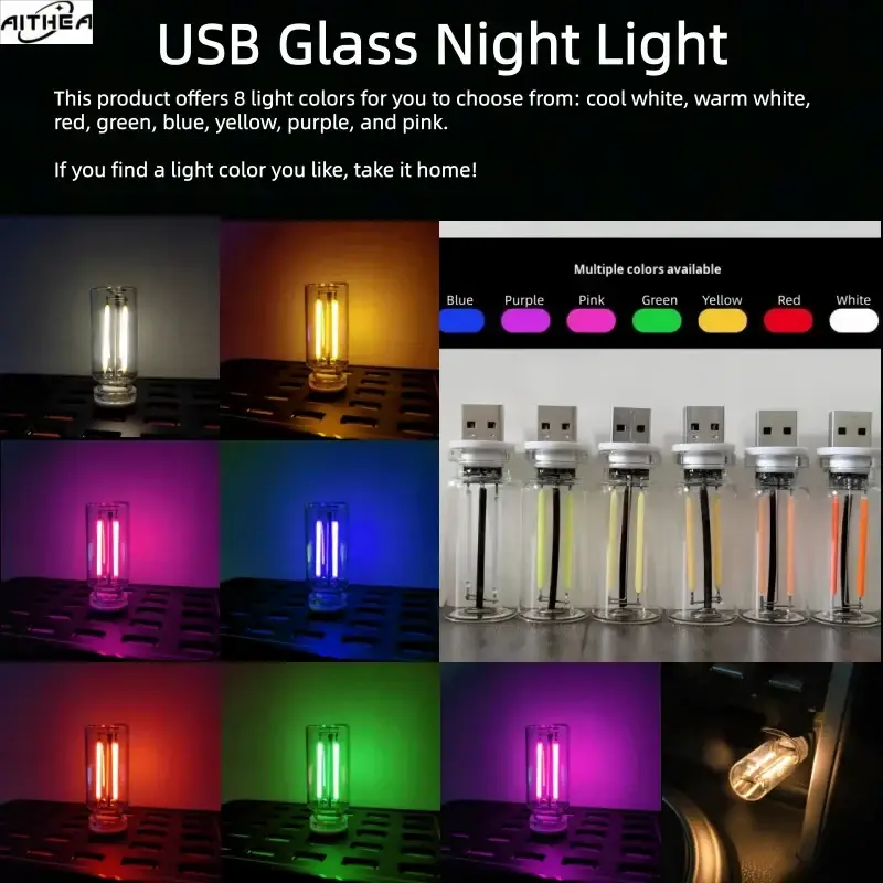 Aithea usb night light glass touch color changing atmosphere light with clear cylindrical body and eight vibrant colors