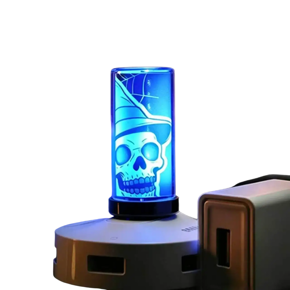 Usb night light glass touch atmosphere light with blue illuminated skull wearing witch hat design in cylindrical lamp