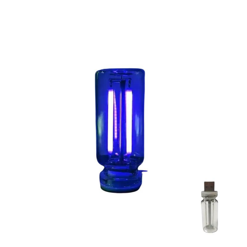 Blue glass usb night light with two vertical uv light tubes for touch color changing atmosphere light