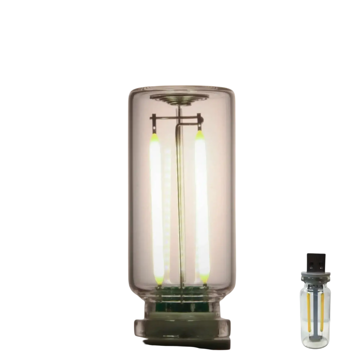 Clear glass usb night light with cylindrical led bulb and two vertical white light strips emitting 4000k glow atmosphere light