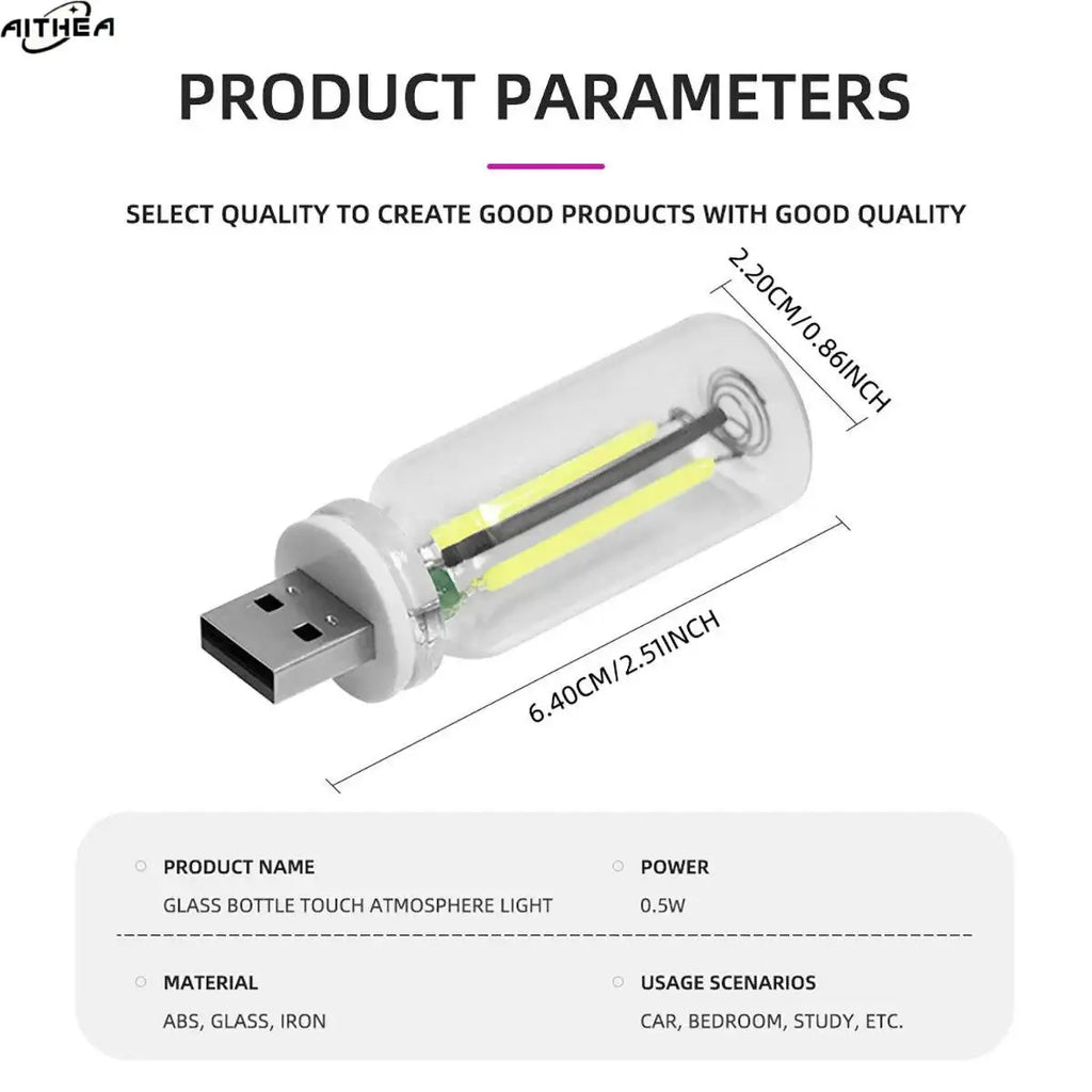 Clear glass bottle-shaped usb night light with white base, metallic connector, and internal led atmosphere light strip